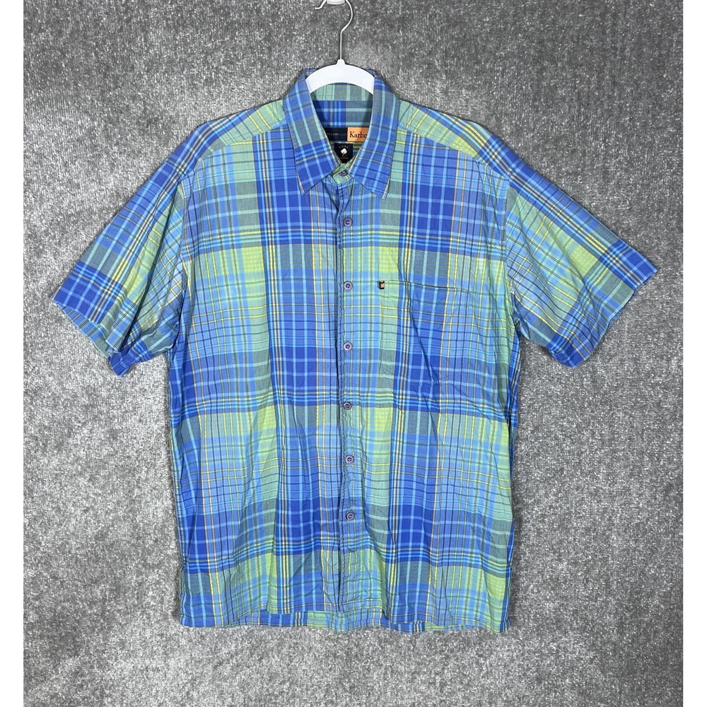 Karbon Shirt Mens US Size XL Blue Green Plaid Cotton Button Up Short Sleeve